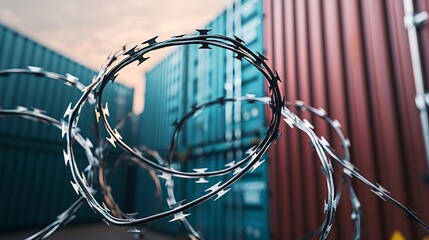 Poster - barbed wire surrounding shipping containers, trade restriction, economic sanctions on global commerc