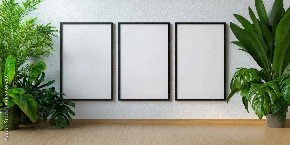 Three blank frames hang on a white wall in a minimalist living room ...