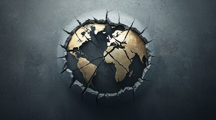 Poster - A cracked globe with trading routes broken, symbolizing a disrupted global economy, broken trade links, international conflict