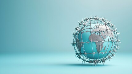 Poster - A globe surrounded by barbed wire, symbolizing restricted international trade, global economic isolation, trade restrictions concept