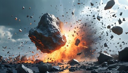 Wall Mural - Dynamic explosion of rocks illustrating powerful energy release and destruction, showcasing geology in motion with scattered debris and raw force.