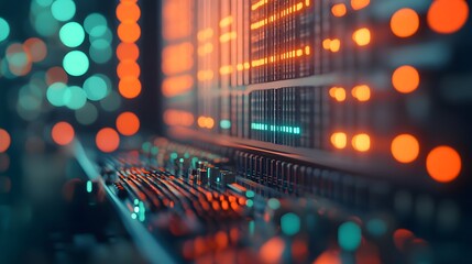 Poster - Close-up of a Server Rack with Orange and Green Lights