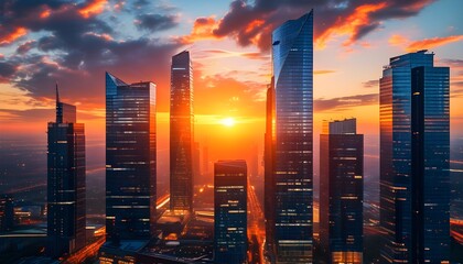 Wall Mural - Stunning sunset casting golden hues over modern skyscrapers in vibrant urban cityscape