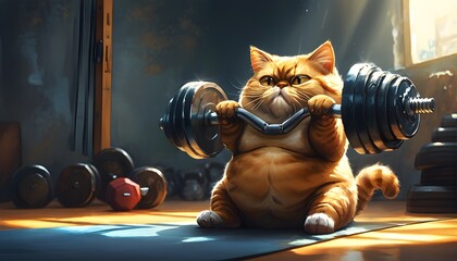 Wall Mural - Determined Cats Whimsical Fitness Journey: Plump Feline Lifts Oversized Dumbbell in Brightly Lit Gym, Embracing Challenges with Humor and Grit