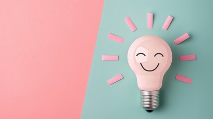 Cheerful Illuminator, a whimsical light bulb character radiating joy against a soothing pastel backdrop, embodying positivity and creativity in a flat design style.