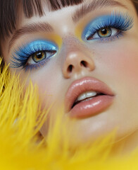 Wall Mural - The model is seen in a close-up with blue and yellow eyeshadow and long lashes, along with pastel colors and a large, bright lemon-colored feather on her face.