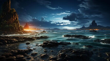 Wall Mural - night view of A magnificent view of the Milky Way galaxy stretching above large rocks on a peaceful beach under a star.