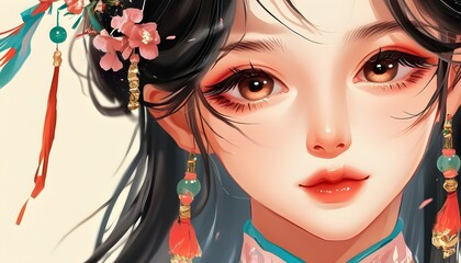 Wall Mural - Charming Chinese Style Cartoon Girl in Festival Aesthetic Illustration