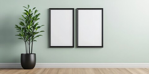 Two blank frames hang on a pale green wall in a modern home, ready to be filled with art or photos.