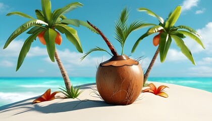 Wall Mural - Tropical island summer festival scene featuring vibrant 3D rendering of coconut trees and lively atmosphere