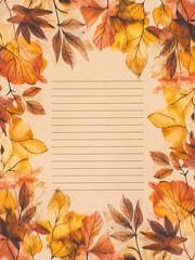 Wall Mural - autumn leaves border, fall theme stationery, lined page notepad 