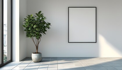 Wall Mural - bright and airy room with large window, potted plant, tiled floor, white walls, and blank frame creating a serene minimalist atmosphere