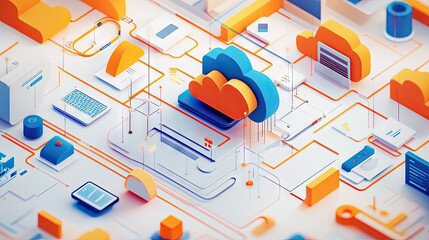Poster - Cloud-based solutions illustrated through interconnected icons and data lines, representing how businesses are accelerating transformation. Modern tech aesthetic.