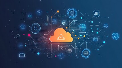 Poster - Cloud-based solutions illustrated through interconnected icons and data lines, representing how businesses are accelerating transformation. Modern tech aesthetic.