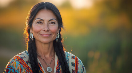 A serene portrait of a woman with dark braided hair wearing traditional ethnic attire and jewelry. Set against an enchanting sunset background, she exudes grace and cultural pride.