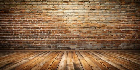 Poster - Empty room with grunge brick wall and wooden plank floor