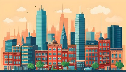 Wall Mural - Modern flat style city skyline showcasing vibrant urban architecture and design elements