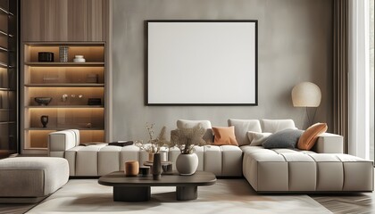 Wall Mural - Elegant living room featuring a prominent empty frame against a stylish backdrop