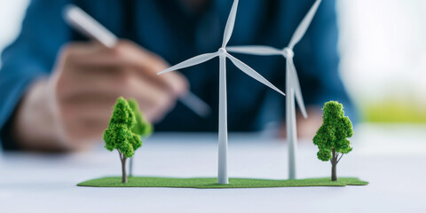 Innovative wind turbine model with trees, showcasing renewable energy concepts