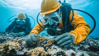 two divers in wetsuits explore a coral reef underwater, examining marine life amidst vibrant coral f