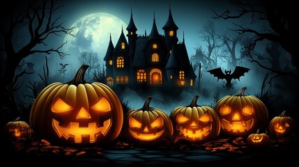 Halloween background with pumpkins, candles and haunted house. Halloween night wallpaper for mobile phon