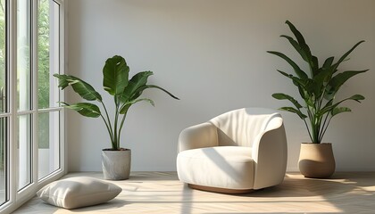 Wall Mural - Bright and inviting living room featuring large window, cozy armchair, and vibrant houseplant in pot