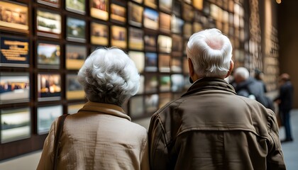 Elderly couple reflecting at a solemn memorial wall, sharing memories and honoring loved ones lost