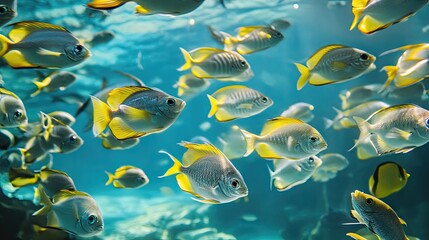 Fish schooling behavior underwater, displaying biological adaptation and group dynamics.