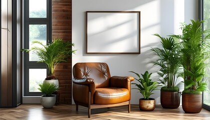 Wall Mural - Bright room with large window, brown leather chair, lush potted plants, and a blank wall frame inviting creativity and serenity.