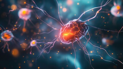 Poster - Human brain with neural connections lighting up, demonstrating synapses and neurological functions in biology.