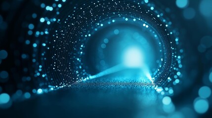 Futuristic tunnel with glowing blue lights, depth of field, bokeh effect, abstract technology