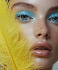 Wall Mural - A close-up of a model with blue and yellow eye makeup. She has long lashes and is wearing pastel-colored . A large, bright lemon-colored feather is next to her face. 