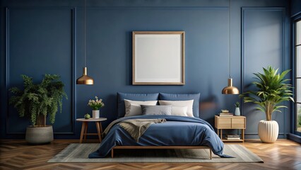 Mockup frame in a dark blue bedroom interior background render