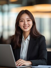 Poster - Young happy Korean female executive, business woman employee looking at laptop taking notes elearning online education webinar, communicating with client, learning working on computer in office.