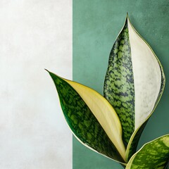 Sticker - Close-up of a snake plant with green, white, and yellow leaves against a white and green background.