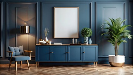 Poster - Mockup frame on dark blue cabinet in stylish scandinavian living room