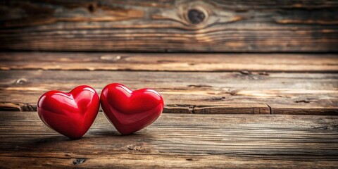 Valentine's Day background with two red hearts on vintage wooden table