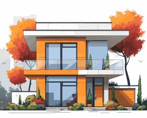 Canvas Print - Modern apartment building on the background of autumn trees. Vector illustration.