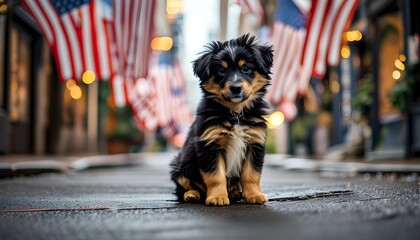 Wall Mural - Adorable dog perched on a city street flanked by vibrant American flags