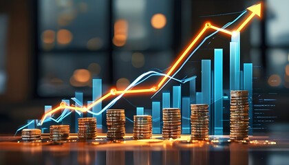 Dynamic financial growth visualized through an upward line graph intersecting vibrant bar charts, symbolizing the impact of technology on progress and innovation.