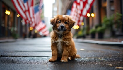 Wall Mural - Adorable dog perched on a city street flanked by vibrant American flags