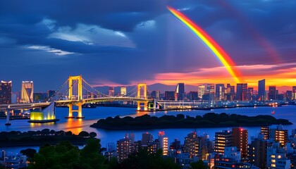 Wall Mural - Tokyo skyline illuminated at night featuring the iconic Rainbow Bridge