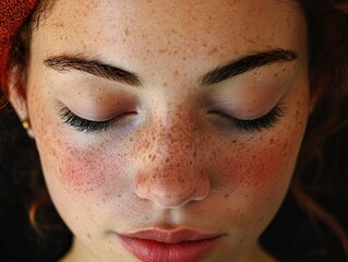 Wall Mural - Close Up Portrait of a Woman with Freckles and Eyes Closed