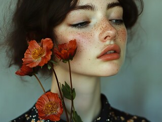 Wall Mural - Close-up Portrait of a Woman with Freckles and Flowers