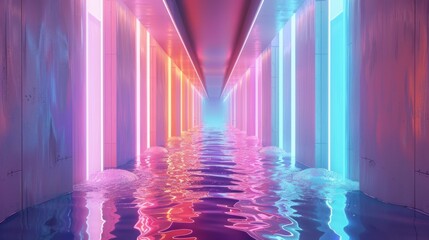 Canvas Print - Neon Lights Reflecting on Water in a Hallway