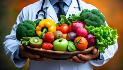 Wall Mural - Doctor Advocates for Fresh Vegetables and Fruits as Essentials of Healthy Eating and Balanced Nutrition