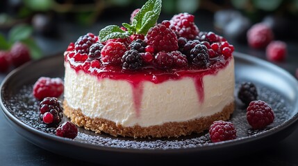 Wall Mural - A small cheesecake topped with a variety of fresh berries, including raspberries, blackberries, and red currants, on a black plate.