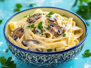 Canvas Print - Delicious Fettuccine Pasta with Mushrooms and Creamy Sauce in a Decorative Bowl on Colorful Background --ar 4:3 --v 6.1 Job ID: 159b0963-dc8b-4bba-b813-12312b004df7