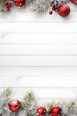 Wall Mural - red christmas balls, spruce branches and pine cones covered with snow on white wooden board backgrou