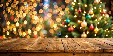 Poster - Empty wooden table with a festive Christmas tree in the background featuring beautiful bokeh lights